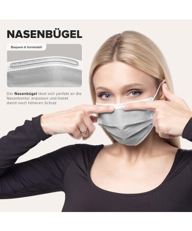 50pc Disposable Face Masks Made in Germany | CE Certified, Triple Layer Filtration | Elastic Earloops, Breathable | Grey Adults Size 17.5cm x 9.5cm - Buy Online on GoSupps.com