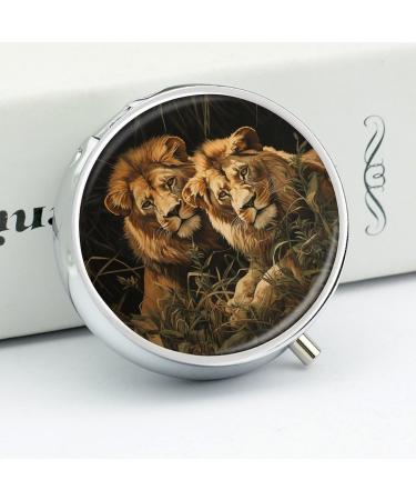 Round Pill Box with Two Lions Print - 3 Compartment Portable Medicine Organizer | Decorative Metal Pocket Pill Case - Buy Online on GoSupps.com