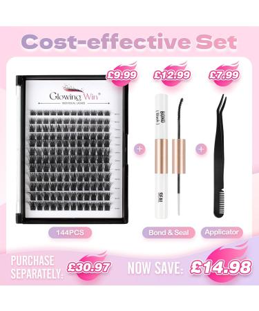 Glowing Win DIY Cluster Lashes Set - 144PCs Individual Eyelash Extensions with Bond Sea & Tweezers | 8-16mm Natural Fake Lashes - Buy Online on GoSupps.com