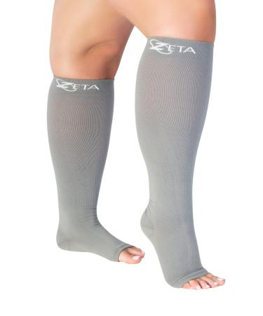 Zeta Wear Compression Stockings Thick Calves Women Comfortable Support Swelling Large Cuffs Open Toe Grey 3XL
