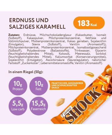 Fitnesshock Protein Bar Set - Sugar-Free High Protein (20%) Low Carb Fiber Rich - Peanut Salted Caramel (12x50g) | Healthy Snack for Fitness Enthusiasts - Buy Online on GoSupps.com