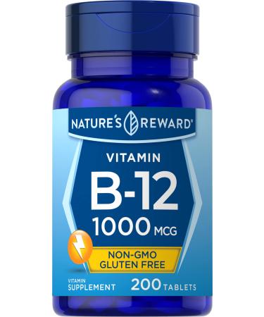 Nature's Reward Vitamin B12 Tablets - 1000mcg - 200 Count - Non-GMO and Gluten Free Supplement