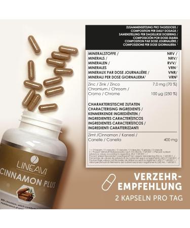 Lineavi Cinnamon Plus - High-Dose 400mg Cinnamon 7mg Zinc & 100 g Chrome Supports Blood Sugar Metabolism & Weight Loss Made in Germany - 180 Capsules (3-Month Supply) - Buy Online on GoSupps.com