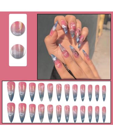 Justotry 24-Piece Stiletto Moon Nails - Navy French Artificial Press-On Almond Art Fingernails for Women - Buy Online on GoSupps.com