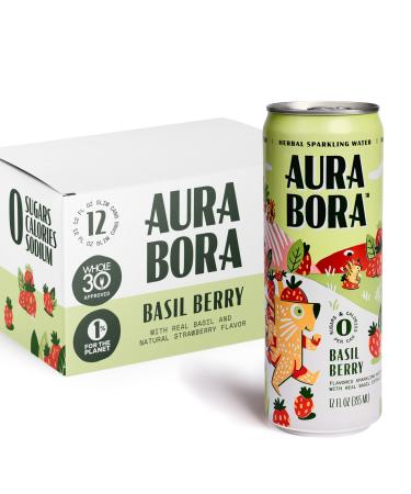 Basil Berry Herbal Sparkling Water by Aura Bora 12 oz Can (Pack of 12) 0 Calories 0 Sugar 0 Sodium Non-GMO Basil Berry 12 Fl Oz (Pack of 12)