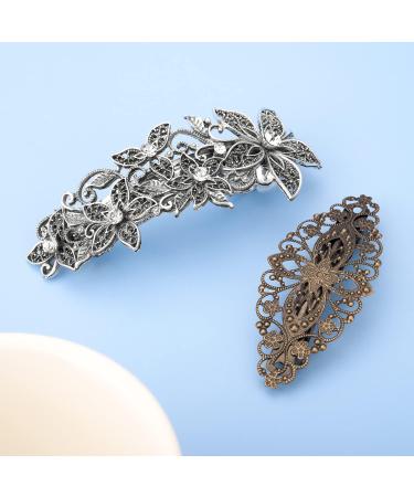 Parieo 2 Pieces Vintage Silver Leafy Barrette Antique Filigree Silver Flower Crystal Barrette Diamante Flower Design Hair Barrette - Buy Online on GoSupps.com