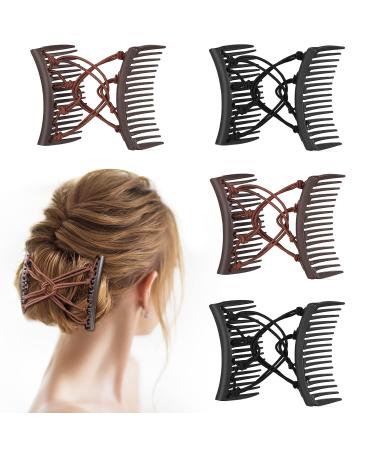 4 Pieces Magic Hair Combs for Women Accessories  Stretchy Double Comb Hair Clip Adjustable Elastic Hair Comb for Thick Curly Thin Hair  Adjustable Magic Hair Clip Combs (Coffee and Black)