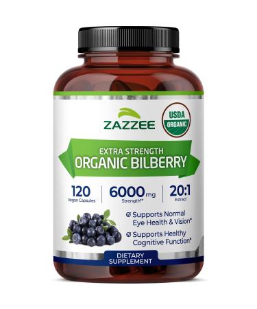 Zazzee USDA Organic Bilberry 20:1 Extract 6000 mg Strength 120 Vegan Capsules 4 Month Supply Standardized and Concentrated 20X Extract 100% Vegetarian All-Natural Non-GMO Made in The USA