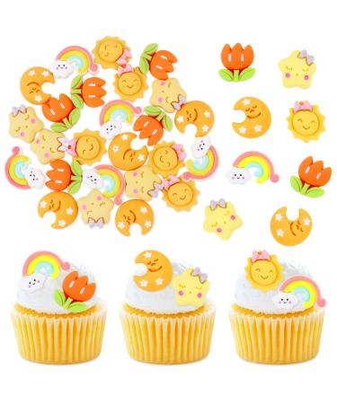 Keaziu 24 Pack Rainbow Cupcake Toppers Sunshine Star Moon Cupcake Picks for Boys Girls Rainbow Neutral Baby Shower Birthday Party Decorations Supplies