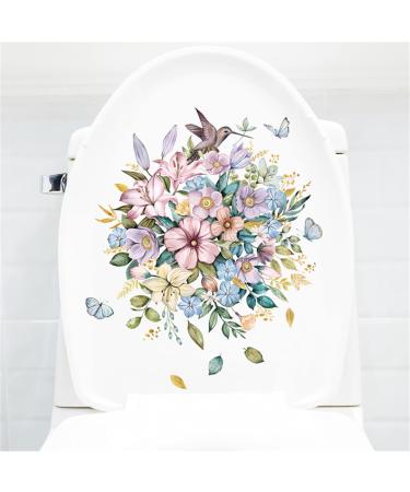Flowers and Hummingbird Butterfly Bathroom Toilet Seat Lid Cover Decals Stickers PVC Sticker Removable Self-Adhesive Restroom Decor Art Decoration (Flowers and Hummingbird Butterfly)