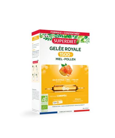 SUPERDIET -ROYALE JEL E 1500MG ORGANIC - Royal jelly honey pollen bio-Immune defenses-French manufacture-20 ampoules of 10 ml