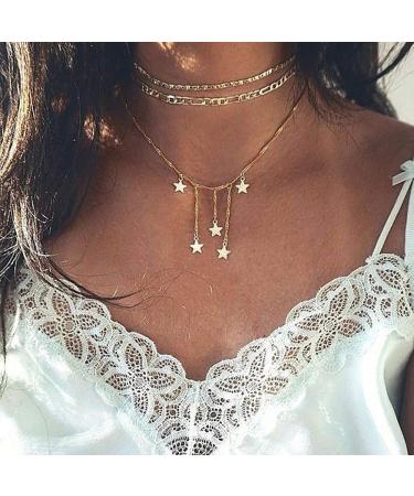 DoubleNine Star Pendant Layering Necklaces Tassels Charm 2 Way Choker Gold Sequins Chic Dainty Jewelry Accessories for Bridesmaid Women Girl set of 2