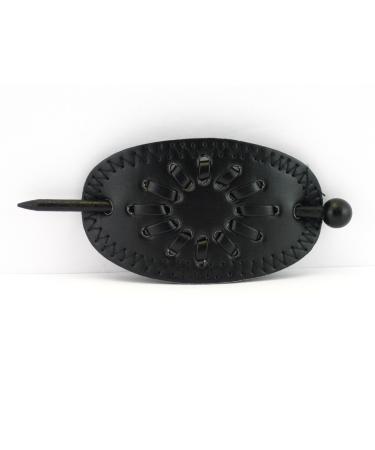 Leather With Wood Slide Stick Oval Hair Pin Barrette female (Black)