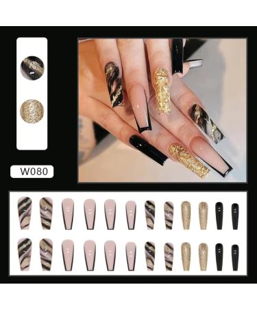 Black Marble French Tip Press On Nails Long with Gold Foil - 24Pcs - Buy Online on GoSupps.com