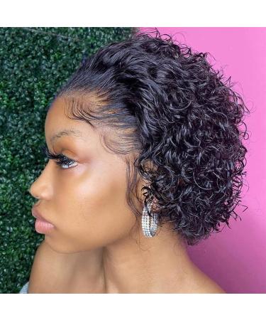 SIZIFEE 8 Inch Short Curly Lace Front Wigs Human Hair 13X1 Pixie Cut Short Curly Human Hair Wigs Pixie Cut HD Lace Front Wigs Plucked Bleached Knots Short Wigs for Black Women Human Hair (natural color)