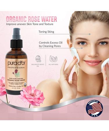 PURA D'OR Organic Rose Water Toner - 4oz | Full Skin Hydration, Controls Excess Oils & Acne - Promotes Healthy Skin Cells - All Skin Types - Buy Online on GoSupps.com