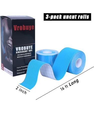 Latex-Free Elastic Kinesiology Tape 3 Rolls - 16ft Uncut Water-Resistant Kinetic Tape for Knee, Elbow, Shoulder - Muscle & Joint Support - Blue - Buy Online on GoSupps.com