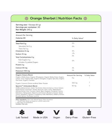 Kiala Nutrition Super Greens Organic Greens Powder with Spirulina & Chlorella for Digestion Gut Health Immunity Adaptogens Energy Gluten Free Vegan Sugar Free Orange Sherbet 30 Servings - Buy Online on GoSupps.com