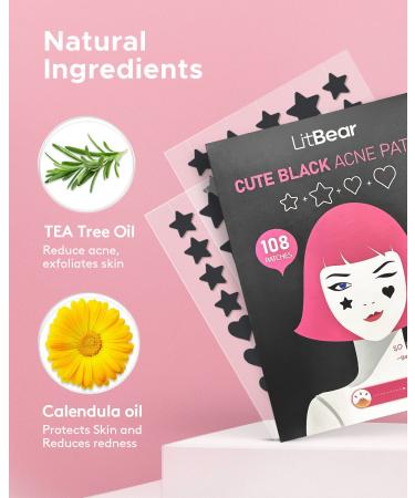LitBear Acne Patch - Black Star & Heart Shaped Hydrocolloid Pimple Cover (108 Count) - Buy Online on GoSupps.com