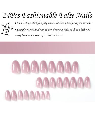 Almond Glitter Press On Short False Nails - 24Pcs Pink French Glossy Fake Nails with Nail Glue for Women and Girls - Nail Art - Buy Online on GoSupps.com