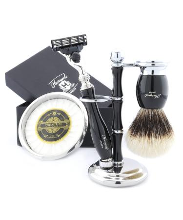 Haryali London Shaving Set with 3 Razor Blades Brush and Stand Black 5 Pieces