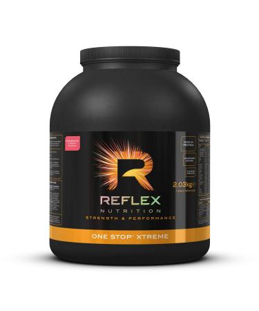 Reflex Nutrition One Stop Xtreme |Serious Mass Protein Powder | 55g Protein | 10.3g BCAA'S |low GI carbs | 5 000mg Creatine | (Strawberries & Cream 2.03kg) Strawberries & Cream 2.03kg