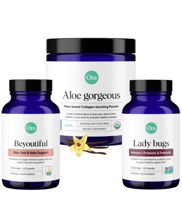 Ora Organic Vegan Collagen Probiotics Prebiotics & BeYouTiful Bundle: Aloe Vera - Vanilla Flavor 20 Servings + 60 Vegan Probiotic Capsules + Hair Skin & Nails Support 60 Vegan Capsules