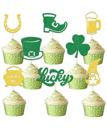 St. Patrick's Day Cupcake Toppers Lucky Irish Clover Party Decorations Lucky Four Leaf for Irish Party Decor Four Leaf Clover Shamrock Birthday Wedding Party Supplies Gold Green 24 PCS