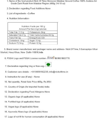 Nick Of Time Indian Monsoon Malabar Ground Coffee 100% Arabica AA Grade Dark Roast from Malabar Region (400g |14.10 oz) - Buy Online on GoSupps.com