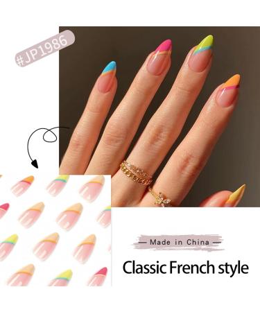 24pcs Almond Press on French False Nails Set with Glue - Multicolor Full Cover Acrylic Fake Nails for Women and Girls Nail Art - Buy Online on GoSupps.com