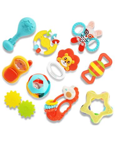 INTEGEAR 10pcs Baby Toys Rattles Infant Grab Early Educational Learning Toy Set Sensory Teether Shaker with Storage Case for 0 1 2 3 4 5 6 7 8 9 10 12 Month Newborn Infants Boys Girls Gift Set BR-10 PCS