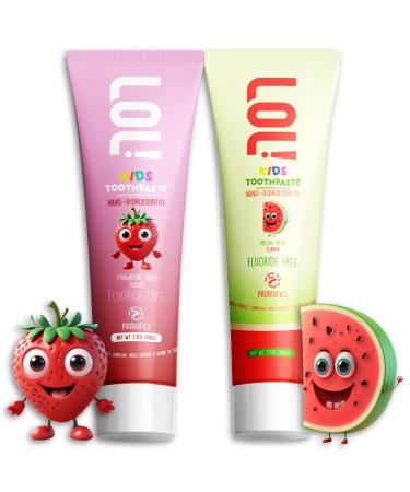 LOL Kids Toothpaste | Fluoride Free 2-Flavors Pack | Nano Hydroxyapatite Toothpaste Probiotics Vitamins A C E | Safe if Swallowed No SLS | 1 Strawberry 1 Melon Flavor