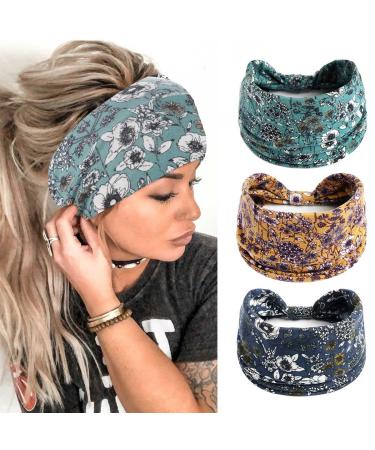 Catery Boho Headband Knotted Wide Hair Band Stretch Turban Head Wrap Fashion Sweatband Floral Head Bands Hair Scarf Accessories for Women and Girls Pack of 3
