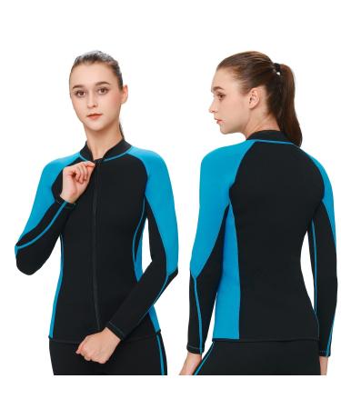 FLEXEL Wetsuit Top for Women and Men, 2mm 3mm Neoprene Wet Suit Jacket Front Zip Long Sleeve Keep Warm in Cold Water for Surfing Paddling Snorkeling and Kayaking 2mm black blue Medium