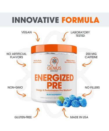 Genius Energized Pre Workout Powder Caffeine Infused Pre-Workout Booster Supplement with Beta Alanine & Alpha GPC No Artificial Sweeteners or Dyes - 200mg Caffeine 20 Servings Blue Raspberry - Buy Online on GoSupps.com