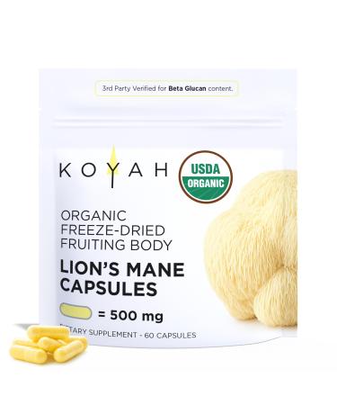 KOYAH - Organic USA Lion's Mane Mushroom Capsules - 100% Fruiting Body Freeze-Dried 3rd Party Tested for Beta-Glucans 500 mg Brain & Nerve Support. Immune Support. 60 Capsules