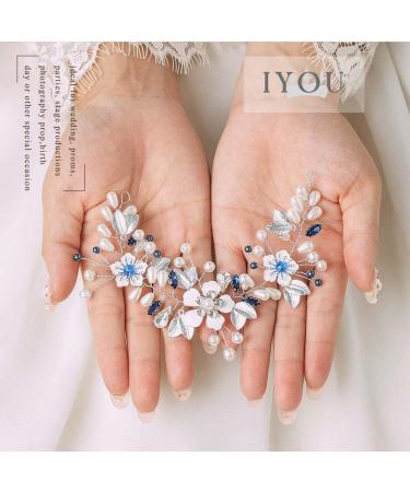 IYOU Pearl Wedding Hair Vine Blue Flower Hair Accessories Crystal Headband Prom Bridesmaid Bride Hair Piece for Women - Buy Online on GoSupps.com