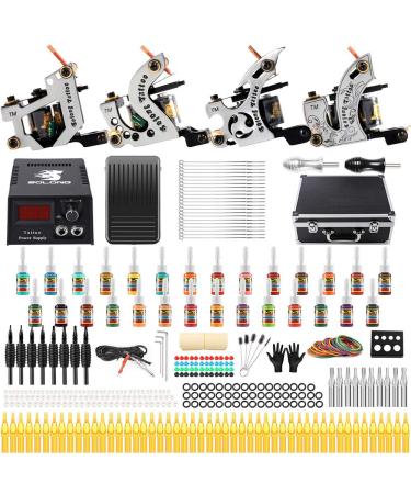 Solong Tattoo Complete Starter Beginner Tattoo Kit 4 Pro Machine Guns 28 Inks Power Supply Foot Pedal Needles Grips Tips TK459 711 Piece Set