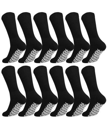 Falari Men Women Anti Slip Grip Non Skid Crew Cotton Diabetic Socks For Home Hospital 3 6 or 12-pack 10-13 12-pairs Black