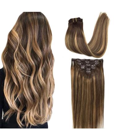GOO GOO Clip-in Hair Extensions for Women  Soft & Natural  Handmade Real Human Hair Extensions  Chocolate Brown to Caramel Blonde  Long  Straight (4/27)/4  7pcs 120g 16 inches 16 Inch-120g 4/27/4 Balayage Chocolate Bro... - Buy Online on GoSupps.com