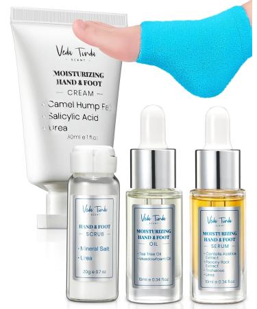 VTS Self Care Kit - Includes Moisturizing Heel Socks Hand & Foot Oil Salt Scrubs Serum Urea Cream 40 Percent - Hand Care Set Foot Pedicure Kit for Dry Cracked Heels Feet Knees Elbows Hands Medium