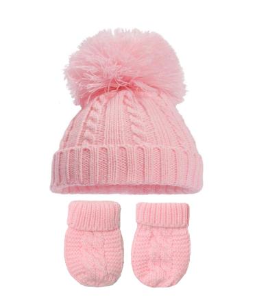 Royal Icon Baby Knitted Pom Pom Hat with Mittens Baby Boys Girls Winter Hat Mittens Set Cable Knit Single Pom Pom Bubble Hat Colours Available NB-12 Months RI6512 0-12 Months Pink