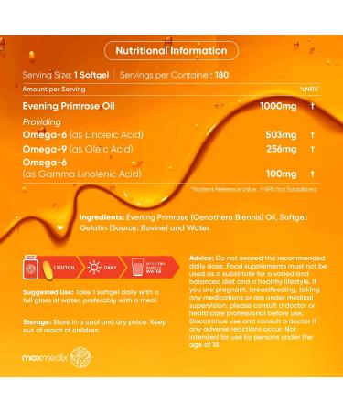 Evening Primrose Oil 1000mg Softgels | 6 Months Supply | Cold-Pressed | Omega 6 & 9 Fatty Acids | Supports Healthy Cholesterol Levels | 180 Count - Buy Online on GoSupps.com