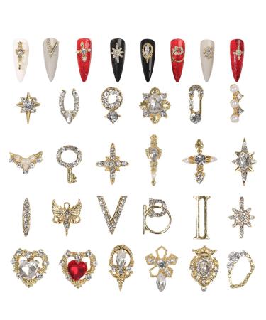 3D Nail Charms 24 Pcs Shiny Nail Rhinestones Gems Heart Cross Nail Art Charms Gold Metal Nail Jewelry Luxury Crystal Nail Art Decoration for Nail Design DIY Crafts (Gold)