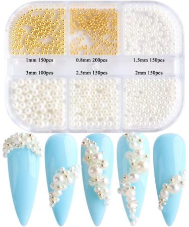 Tuccbay 1Box Pearl Decorations Nail White Round Nail Parts Gold Steel Beads Balls Jewelry Nail Art Accessories Color:ZZ01 Creamy White&Gold - Buy Online on GoSupps.com