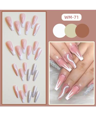French Tip Press on Nails - Long Fake Nails Press On Nails with Nail Tips Glittering Silver Design Glossy white press on nails Acrylic False Nails Cute Artificial Nails - Buy Online on GoSupps.com