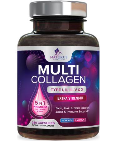 Multi Collagen Pills 2400 mg - Advanced Types I II III V X - Hydrolyzed Multi Collagen Peptides Pills Collagen Supplements for Women & Men - Hair Skin & Nail Support Supplement - 240 Capsules 240 Count (Pack of 1)