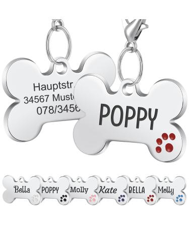 Nibana 2 Pack Personalized Pet ID Tags Dog Name Tags Engraved on Both Sides 4 Lines of Custom Text Paw Print Bone Pet Tag for Dogs Cats (Red)