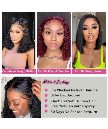 UKASI Short Curly Bob Wig 12 Inch 100% Virgin Human Hair | Deep Wave 13x4 Lace Frontal Wigs for Women | Pre Plucked 180% Density True To Length | Natural Black Color - Buy Online on GoSupps.com