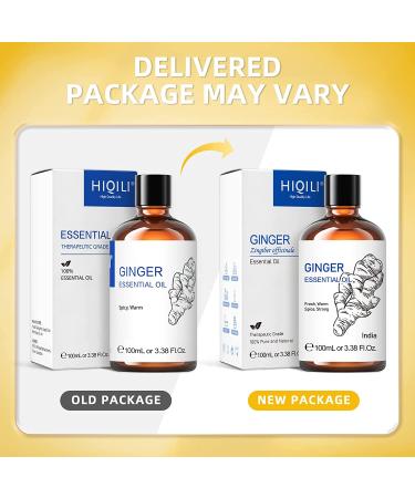 HIQILI Pure Ginger Essential Oil for Lymphatic Drainage Massage - 100ml Large Bottle with Dropper & Gift Box - 3.38 Fl Oz - Relieves Swelling, Pain, and Promotes Healthy Skin & Hair - Buy Online on GoSupps.com